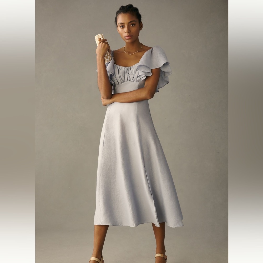 Light Gray Ruffle-Sleeve Midi Dress